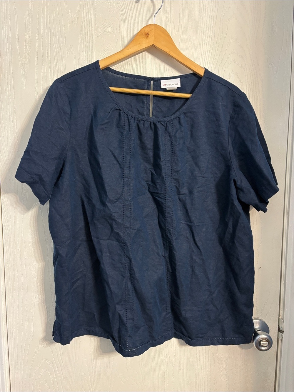 Liz Claiborne Navy Short-Sleeve Scoop Neck Pintuck Blouse